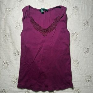 vintage y2k ralph lauren plum purple ribbed cotton lace‑trim tank – size small